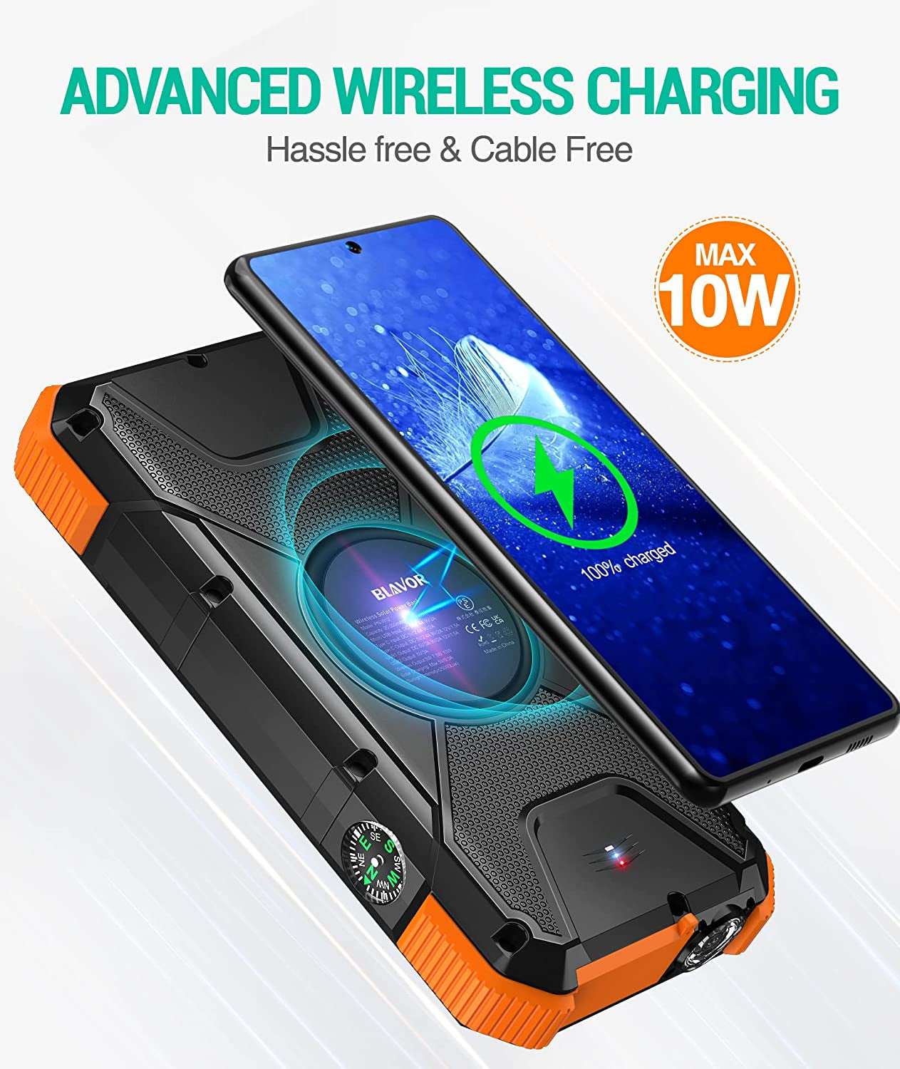 Solar Power Bank, 𝗣𝗗𝟭𝟴𝗪 𝐐𝐂𝟑.𝟎 Fast Charging 10W Wireless Charger 20000Mah Solar Powered Powerbank with Type C Input/Output, IPX5 Waterproof, Camping Flashlight, Compass, Carabiner